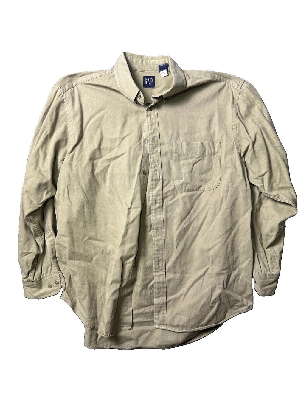 Vintage GAP Mens Large Khaki Tan Button Down Shirt 100% Cotton Long Sleeve
